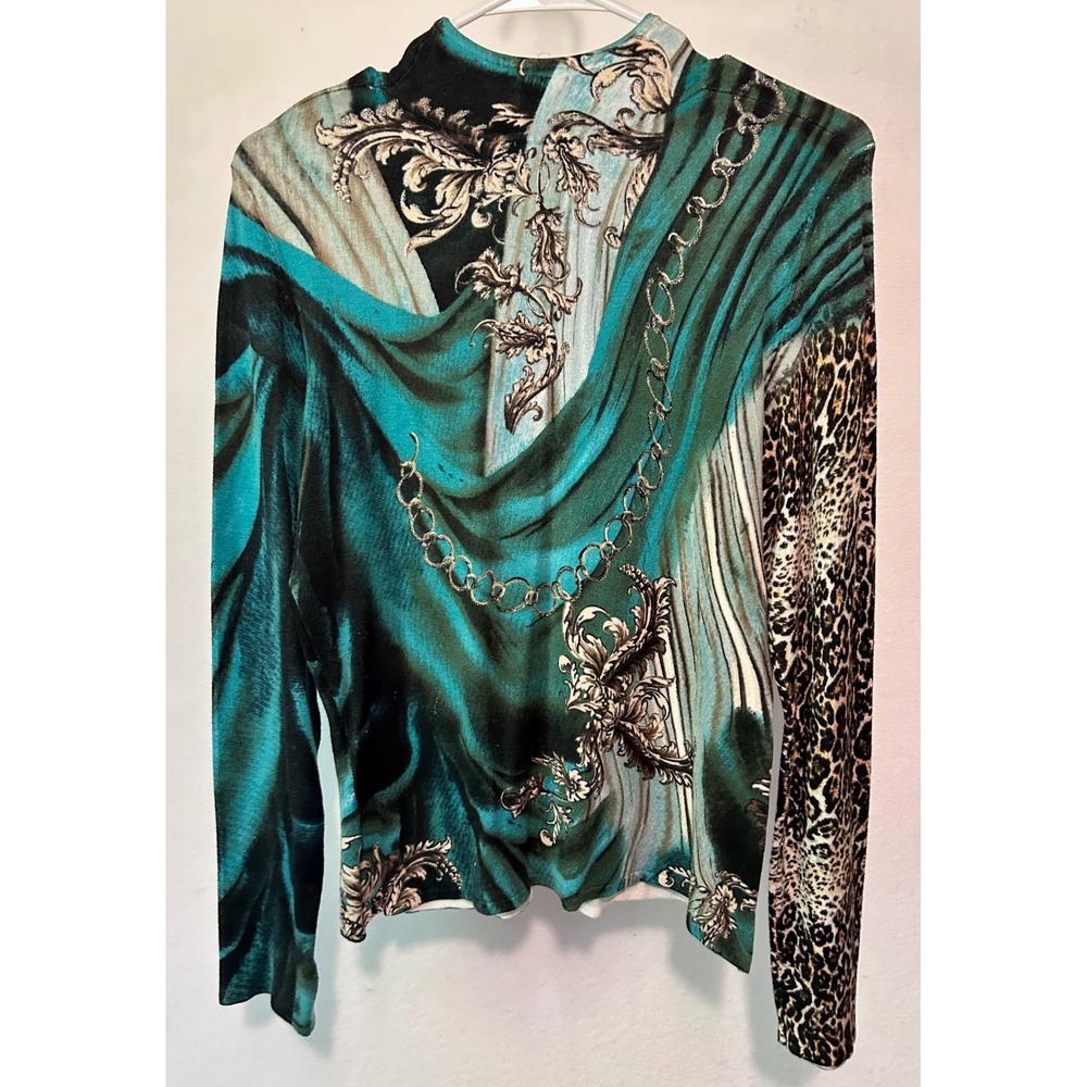 Alberto Makali Teal Baroque Leopard Print Beaded Mock Neck Top Womens Medium